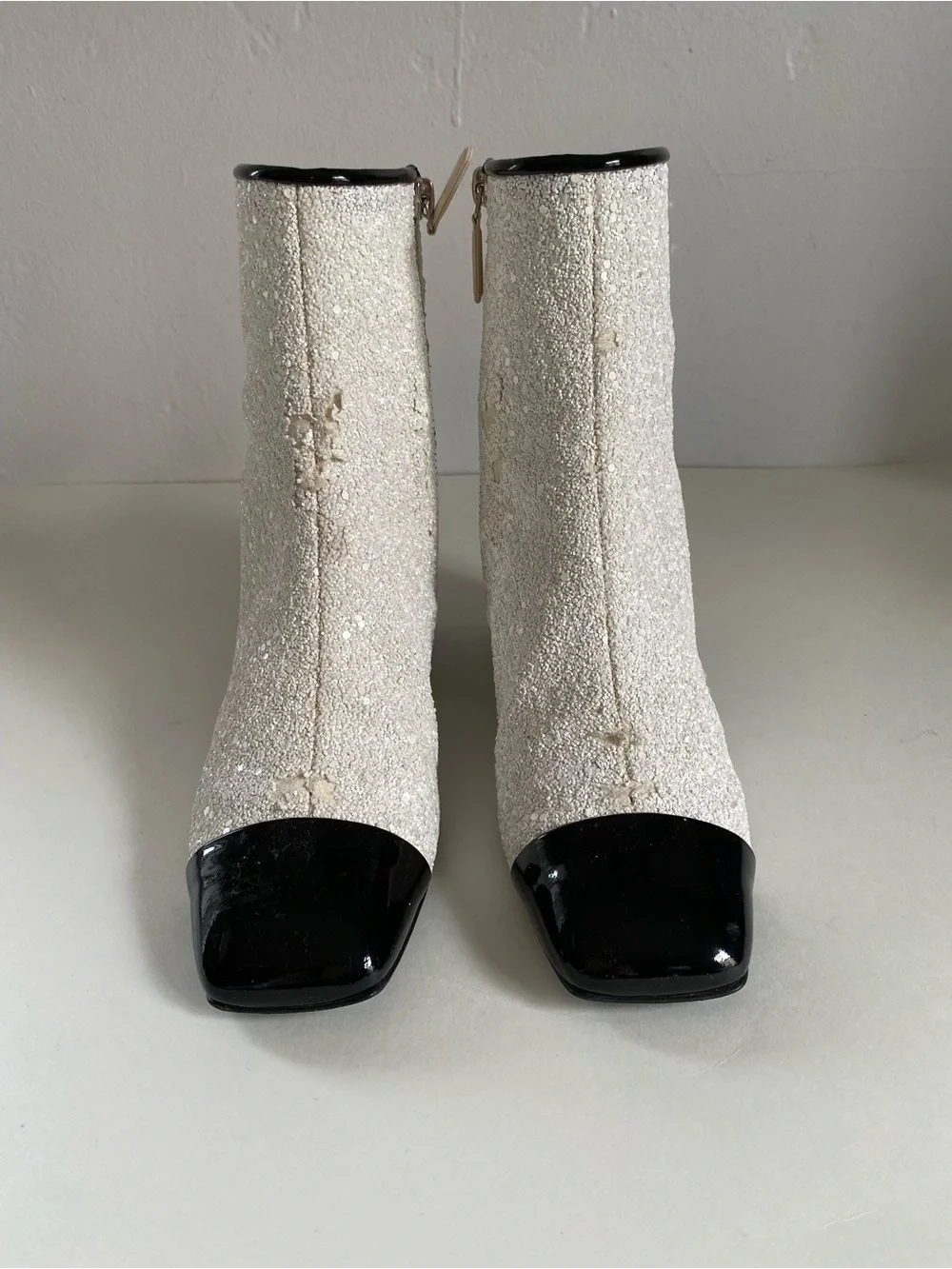 CHANEL White Sequin Ankle Boots with Black Cap Toe. Runway astronaut collection.